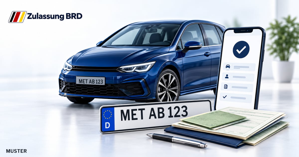 Online Fahrzeugzulassung in Landkreis Rhön-Grabfeld: Musterkennzeichen MET AB 123, Auto und Fahrzeugpapiere und Smartphone. Illustration mit Logo von Zulassung BRD.